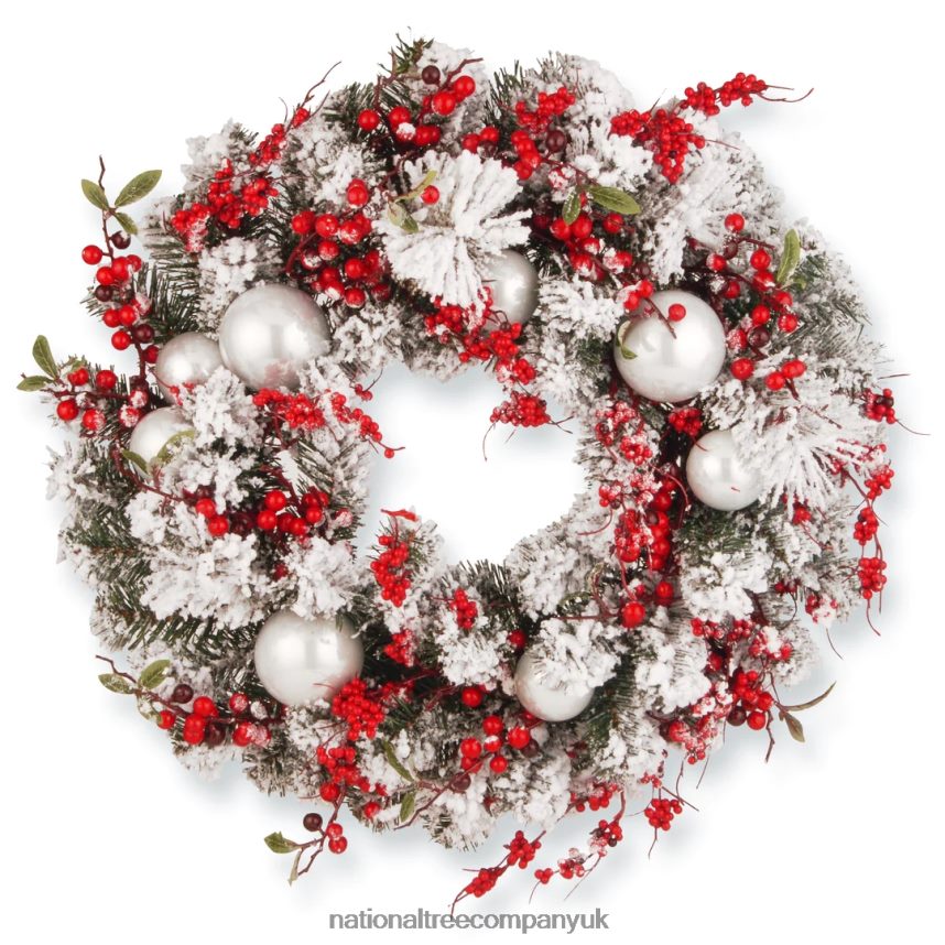 Greenery | National Tree Company Artificial Christmas Wreath Green Evergreen Decorated with Frosted Branches Ball Ornaments Berry Clusters Christmas Collection 24 Inches F2L4F275